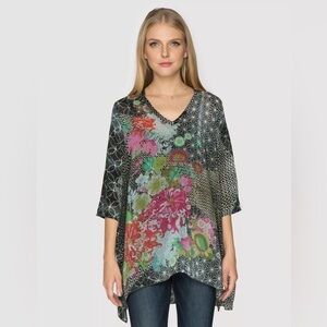 Johnny Was Tami Embroidered Eyelet Floral Print Tunic Top Sz-XS